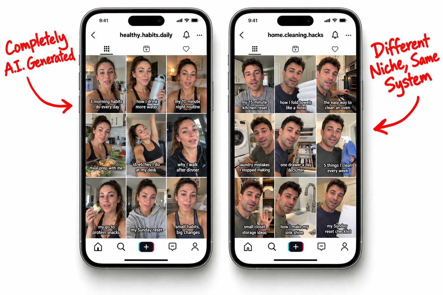 Two example TikTok theme pages in different niches, both run with A.I. avatars